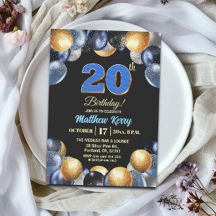 Elegante Blue Silber Gold 20. Geburtstagsfeier Einladung