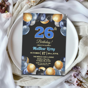 Elegante Blue Silber Gold 26. Geburtstagsfeier Einladung