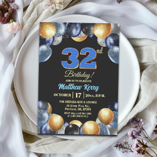 Elegante Blue Silber Gold 32. Geburtstagsfeier Einladung