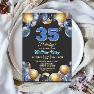 Elegante Blue Silber Gold 35. Geburtstagsfeier Einladung
