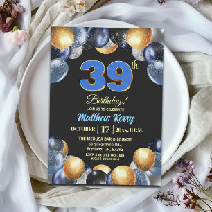 Elegante Blue Silber Gold 39. Geburtstagsfeier Einladung