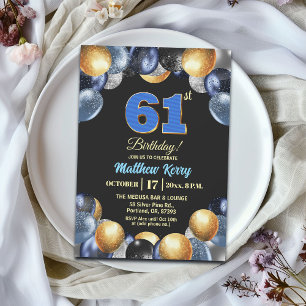 Elegante Blue Silber Gold 61. Geburtstagsfeier Einladung