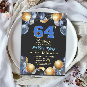 Elegante Blue Silber Gold 64. Geburtstagsfeier Einladung