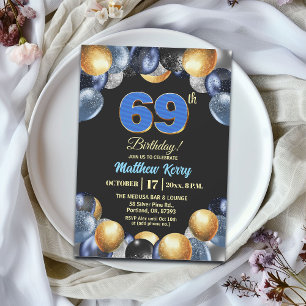 Elegante Blue Silber Gold 69. Geburtstagsfeier Einladung
