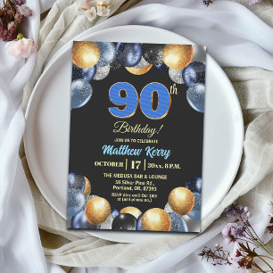 Elegante Blue Silber Gold 90. Geburtstagsfeier Einladung