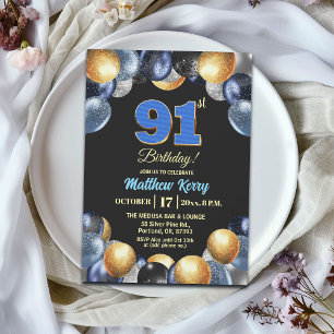 Elegante Blue Silber Gold 91. Geburtstagsfeier Einladung