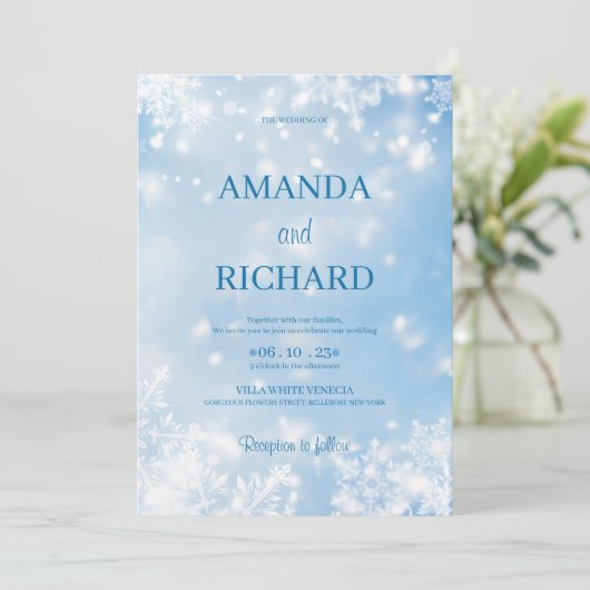 Elegante Blue Snowflake Hochzeit Einladung (Stehend Vorderseite)