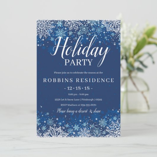 Elegante Blue Snowflake Weihnachtsfeier Einladung (Stehend Vorderseite)