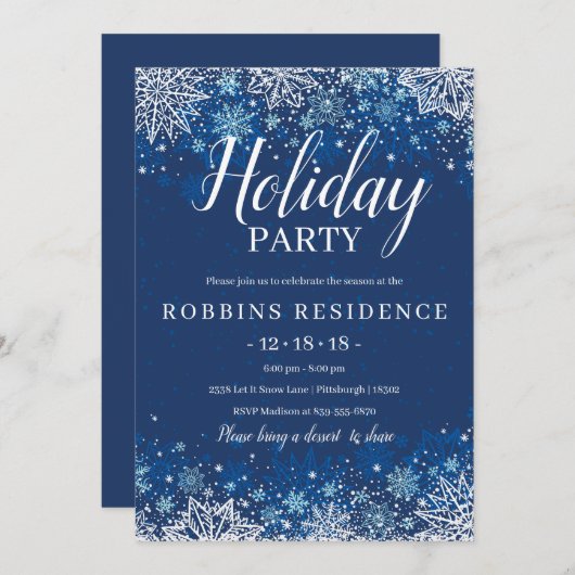 Elegante Blue Snowflake Weihnachtsfeier Einladung (Vorne/Hinten)