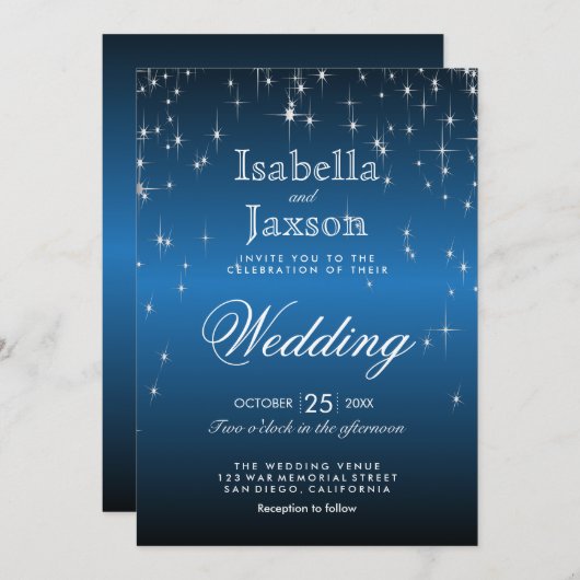 Elegante Blue Star Lights Hochzeitseinladung Einladung (Vorne/Hinten)