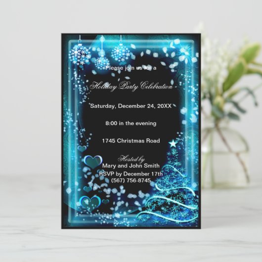 Elegante Blue Star Tree Weihnachts-Party Einladung (Stehend Vorderseite)