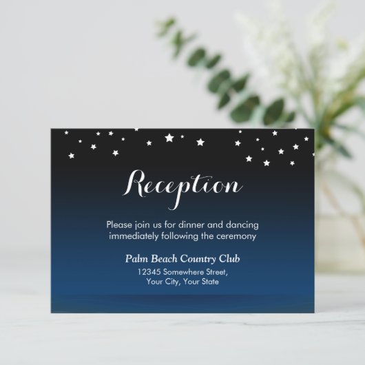 Elegante Blue Starry Night Wedding Reception Begleitkarte (Stehend Vorderseite)