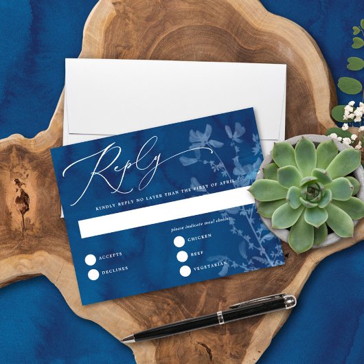 Elegante Blue SunPrint Botanische Hochzeitskarte Einladung
