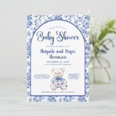 Elegante Blue Toile Baby Dusche Einladung (Stehend Vorderseite)