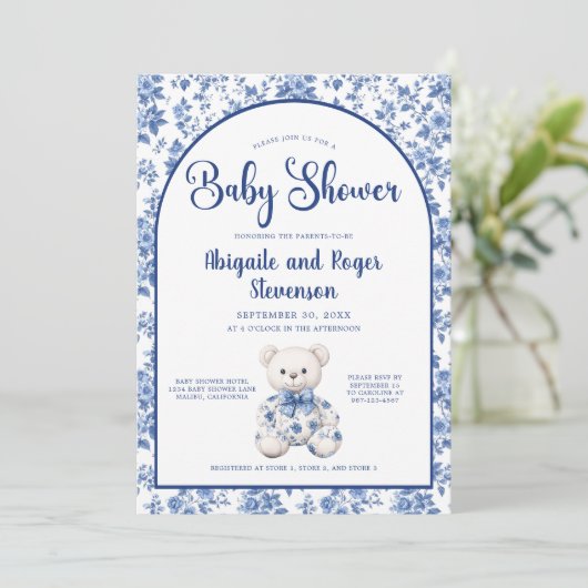Elegante Blue Toile Baby Dusche Einladung (Stehend Vorderseite)