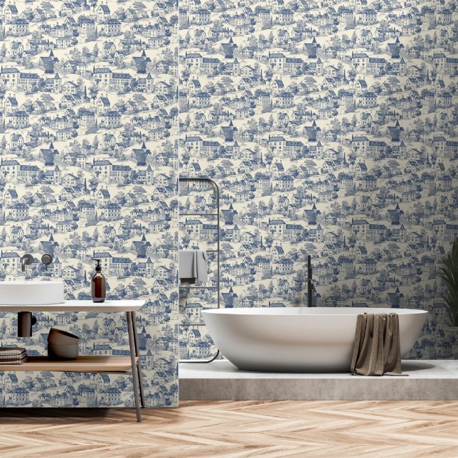 Elegante Blue Toile de Jouy Village Peel & Stick Tapete (Badezimmer)