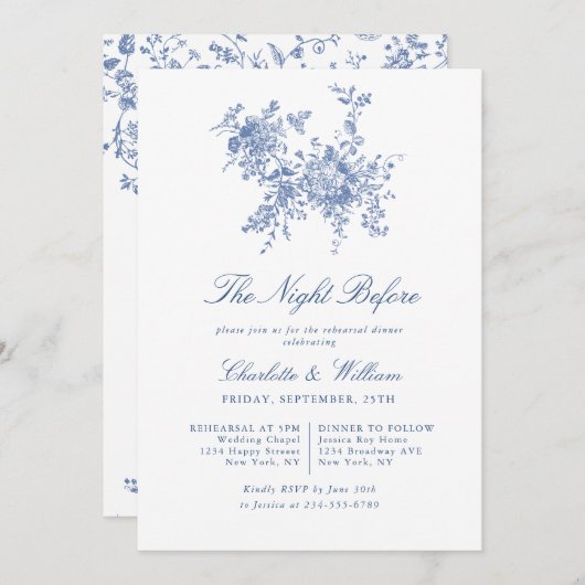 Elegante Blue Toile Garden Probe Abendessen Einladung (Vorne/Hinten)
