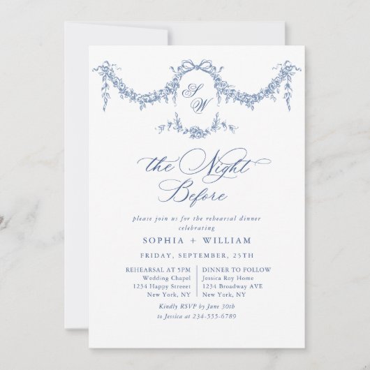 Elegante Blue Toile Garden Probe Abendessen Einladung (Vorderseite)