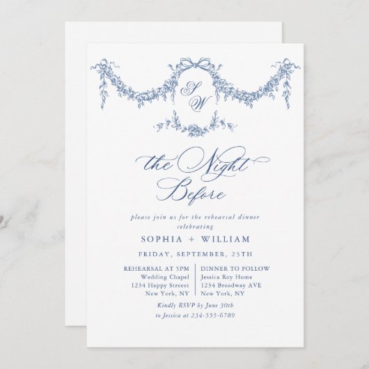 Elegante Blue Toile Garden Probe Abendessen Einladung (Vorne/Hinten)