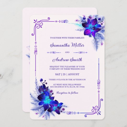 Elegante Blue und Lila Orchid Wedding Einladung (Vorne/Hinten)