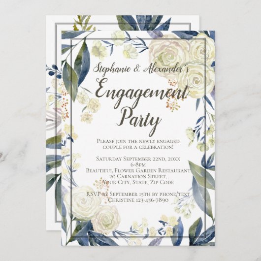 Elegante Blue Watercolor Blume Engagement Party Einladung (Vorne/Hinten)