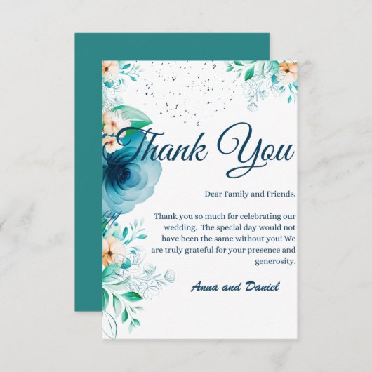 Elegante Blue Watercolor Blume Hochzeit Dankeskarte (Vorne/Hinten)