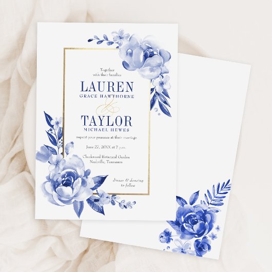 Elegante Blue Watercolor Blume Hochzeit Einladung