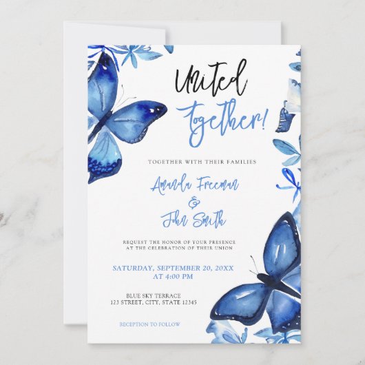 Elegante Blue Watercolor Butterflies Hochzeiten Einladung (Vorderseite)