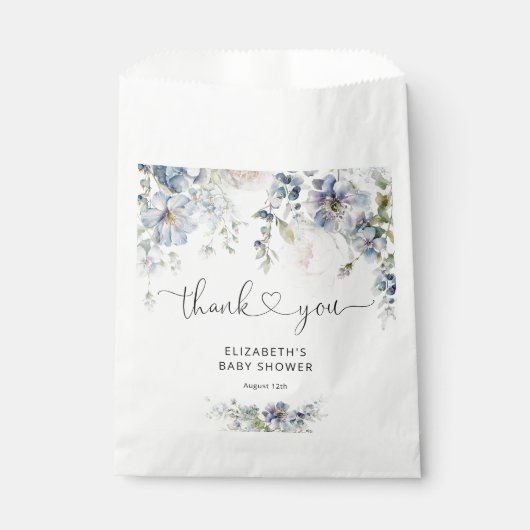 Elegante Blue Watercolor Floral Baby Dusche Geschenktütchen (Vorderseite)