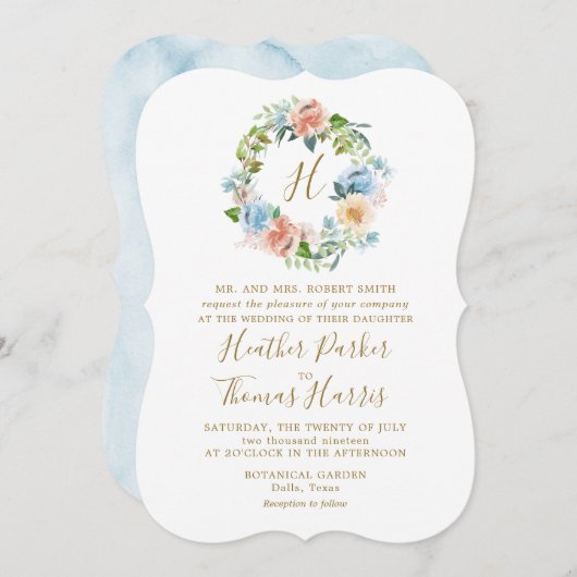 Elegante Blue Watercolor Floral Monogram Wedding Einladung (Vorne/Hinten)