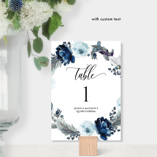 Elegante Blue Watercolor Floral Tischnummer