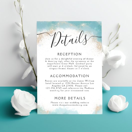 Elegante Blue Watercolor Gold Hochzeiten Details Begleitkarte