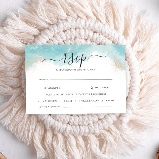 Elegante Blue Watercolor Gold Wedding RSVP Card
