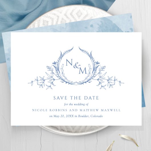 Elegante Blue Watercolor Monogram Wedding Rette di Save The Date