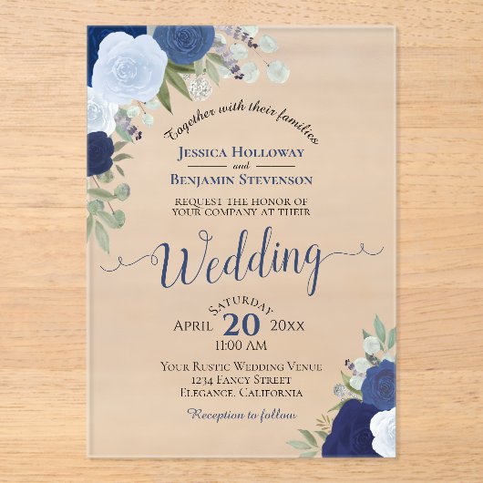 Elegante Blue Watercolor Rose Boho Wedding Acryleinladungen (Vorderseite)