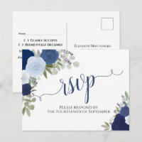 Elegante Blue Watercolor Rose Hochzeit RSVP
