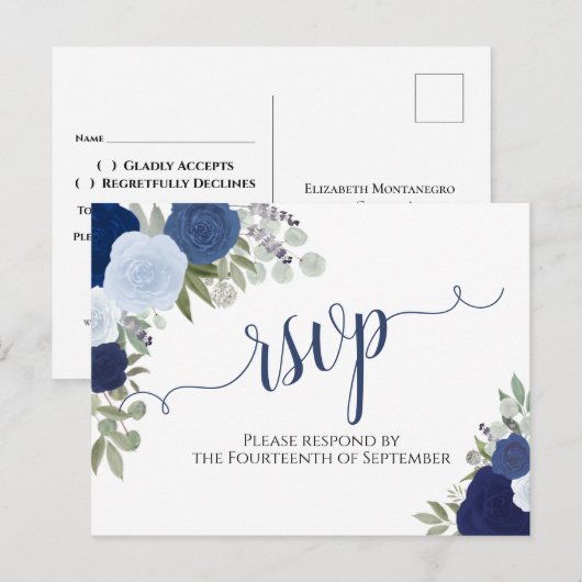 Elegante Blue Watercolor Rose Hochzeit RSVP Postkarte (Vorne/Hinten)