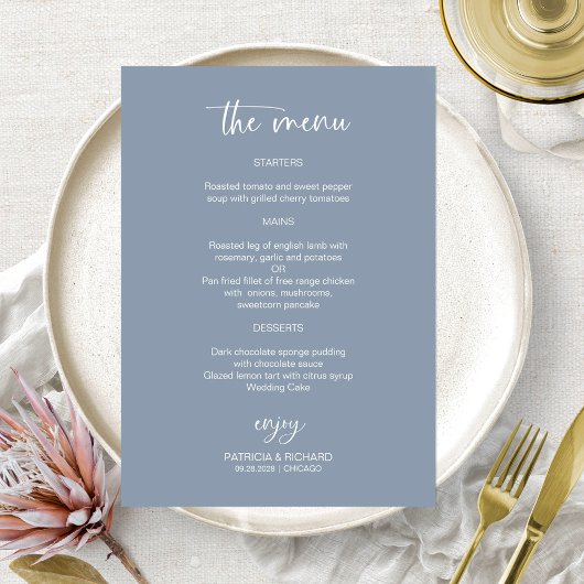 Elegante Blue Wedding Menu Cards Einladung