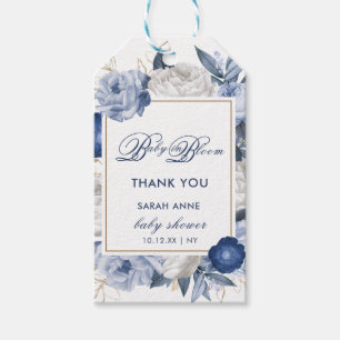 Elegante Blue & White Blume Babydusche Geschenkanhänger