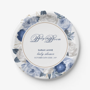 Elegante Blue & White Blume Babydusche Pappteller