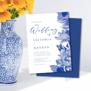 Elegante Blue & White Floral Chinoiserie Hochzeit Einladung