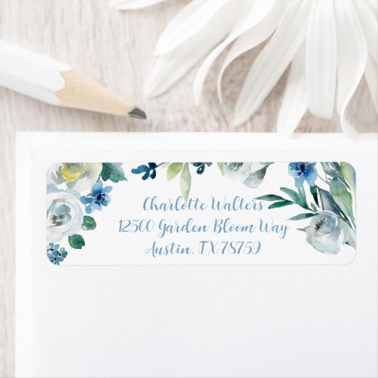 Elegante Blue White Floral Cursive Rücksendeadress (Insitu)