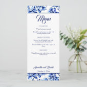 Elegante Blue White Floral Toile Wedding Menu Card Einladung (Stehend Vorderseite)