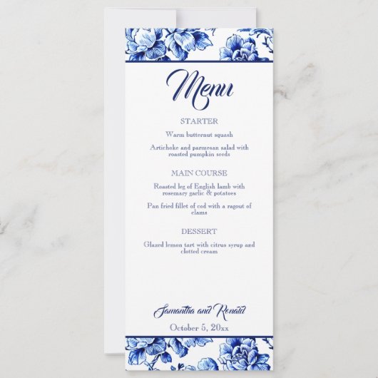 Elegante Blue White Floral Toile Wedding Menu Card Einladung (Vorderseite)