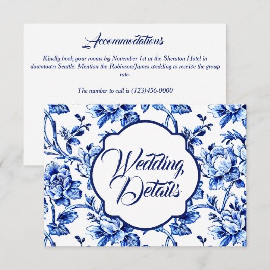 Elegante Blue & White Floral Wedding Card Begleitkarte (Vorne/Hinten)