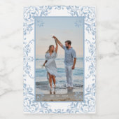 Elegante Blue & White Foto Border Wedding Labels Lebensmitteletikett (Einzelnes Label)