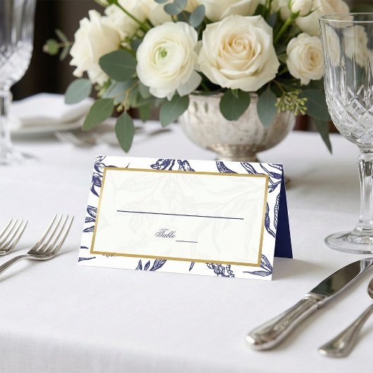 Elegante Blue White Gold Botanical Wedding Platzkarte