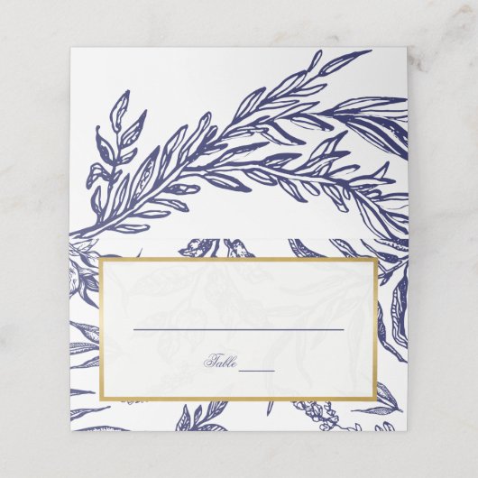 Elegante Blue White Gold Botanical Wedding Platzkarte (Außenseite Aufgefaltet)