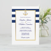 Elegante Blue White Gold Nautical Wedding Einladung (Stehend Vorderseite)