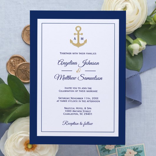Elegante Blue White Gold Nautical Wedding Einladung